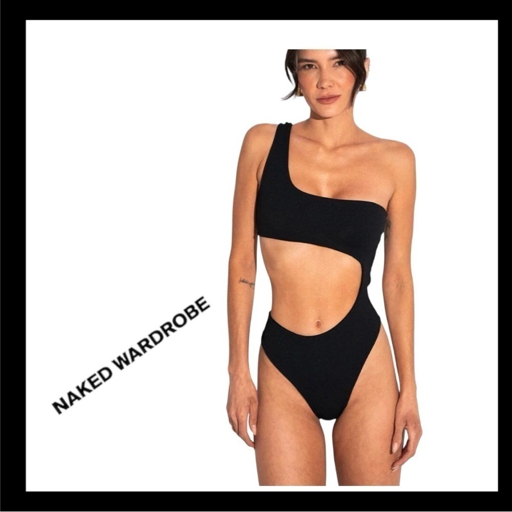 Naked Wardrobe One Piece one shoulder Black Swim Wear  All Around Cutouts XS